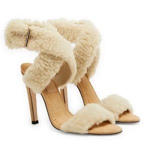 GOOD AMERICAN Faux Shearling Ankle Strap Sandals